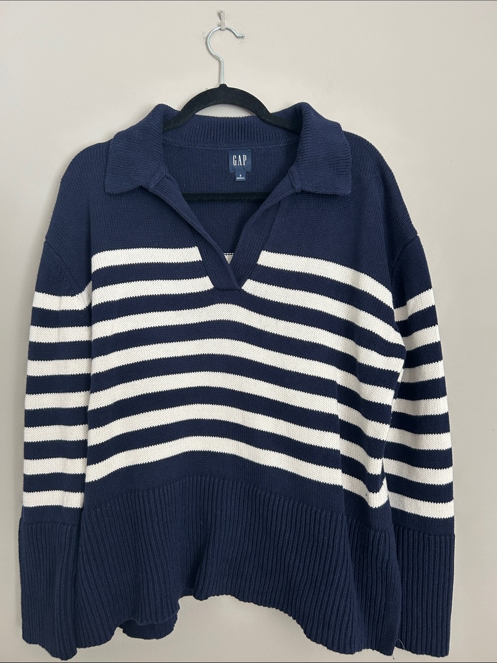 GAP Navy and White Striped V-Neck Polo Sweater